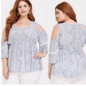 Torrid White Navy Boho Coldshoulder Bell Sleeves With Lace Babydoll Top Size 5X